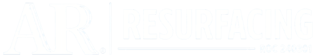 A high-quality white logo on a transparent-looking background (matched to #ffffff). The logo features the letters 'AR' in a large, elegant serif font on the left, separated by a vertical line from the word 'RESURFACING' in a bold, clean sans-serif font on the right. Below 'RESURFACING' is a horizontal line and the text 'ROC 240301' in a smaller sans-serif font. The overall style is professional, industrial, and clean. Minimalist design.